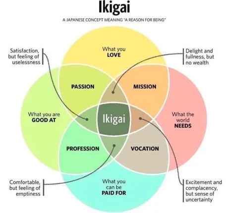 ikigai. What You Love. What The World Needs. What can be paid for. What you are good at.